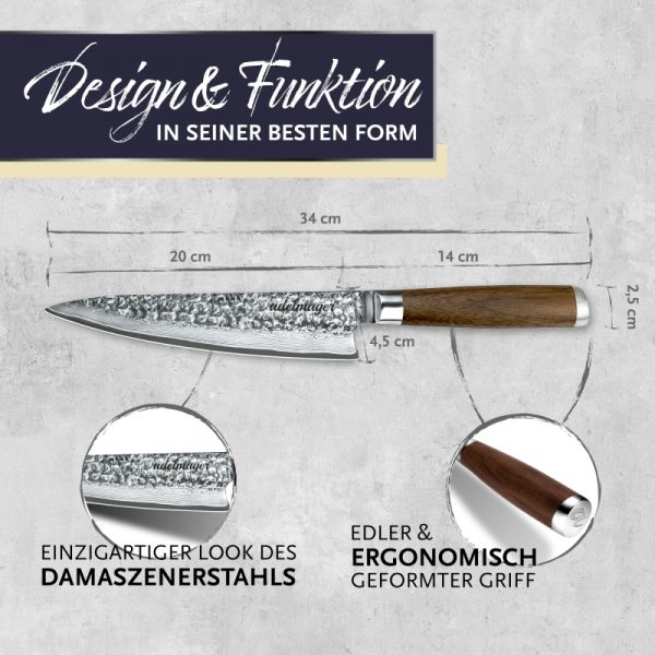 Damascus keukenmes 20cm afmetingen