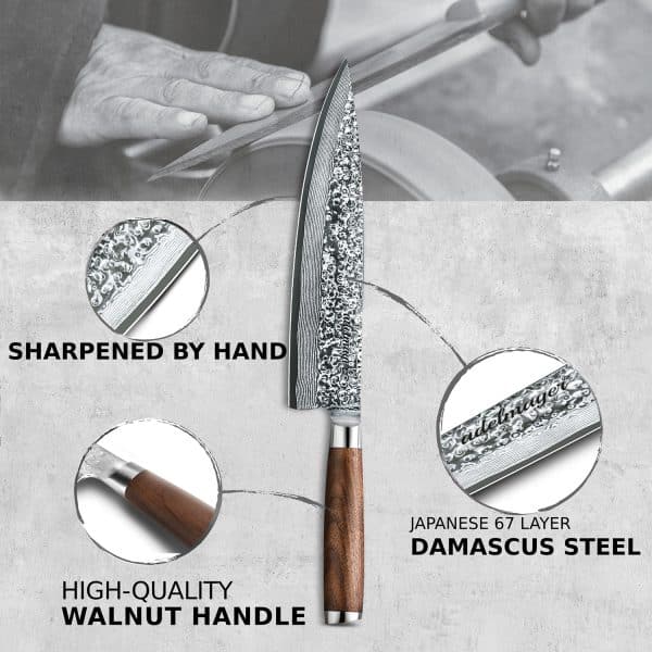 adelmayer® damascus kitchen knife 25.5 cm hand ground and with walnut handle