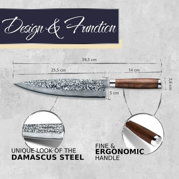 adelmayer® damascus kitchen knife 25.5 cm hand ground and with walnut handle