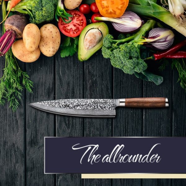 adelmayer® damascus kitchen knife 25.5 cm hand ground and with walnut handle