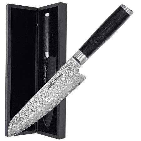Damascus chef's knife in packaging.