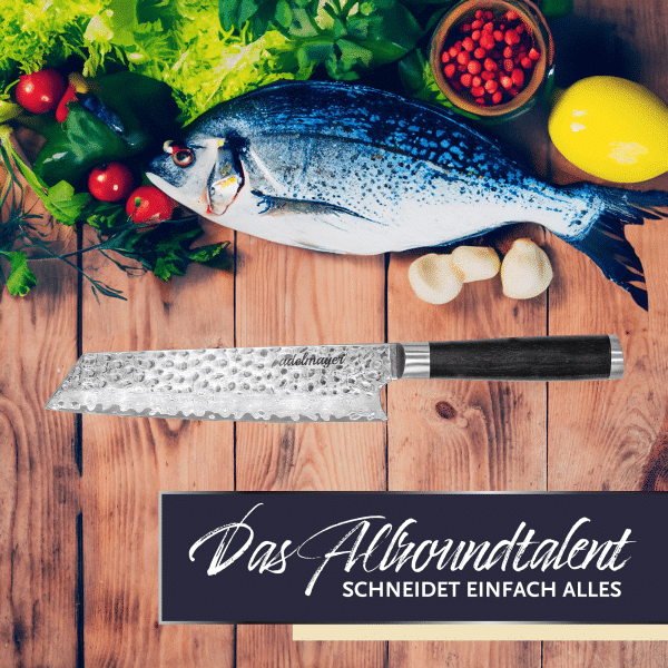 Hochwertiges Küchenmesser mit Fisch und Gemüse.