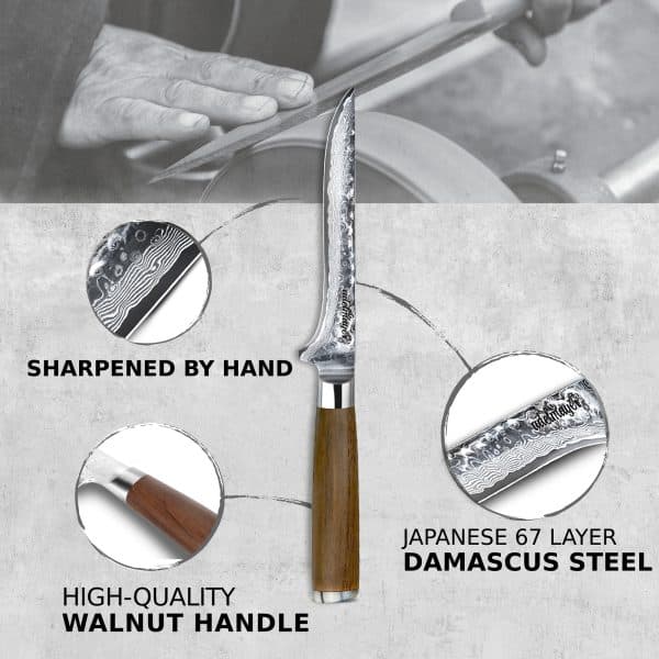 Hand-sharpened Damascus steel knife with walnut handle.