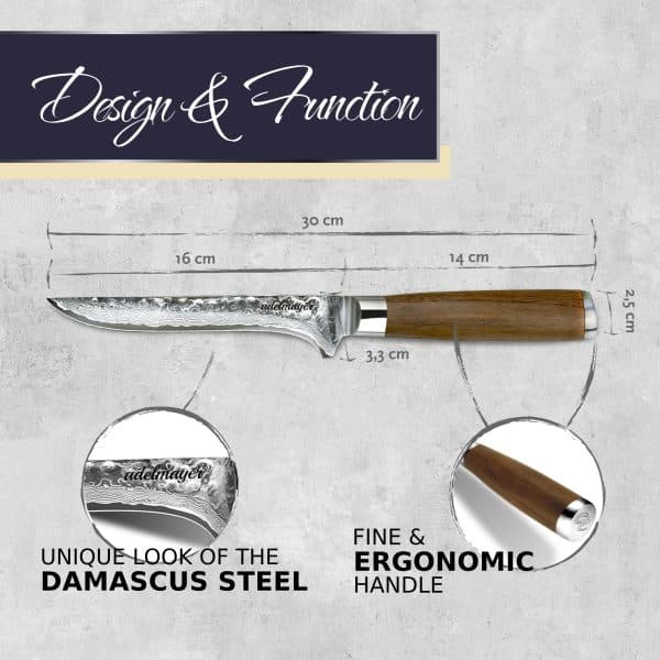 Damascus steel knife with wood handle and design details.