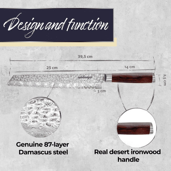 Damaststahlmesser mit Eisenholzgriff und Maßangaben