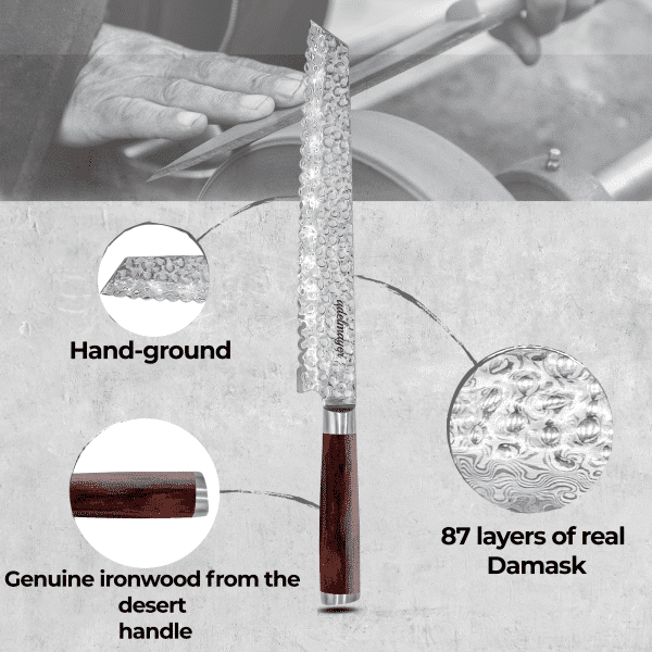 Damastmesser mit Eisenholzgriff und handgeschliffener Klinge.