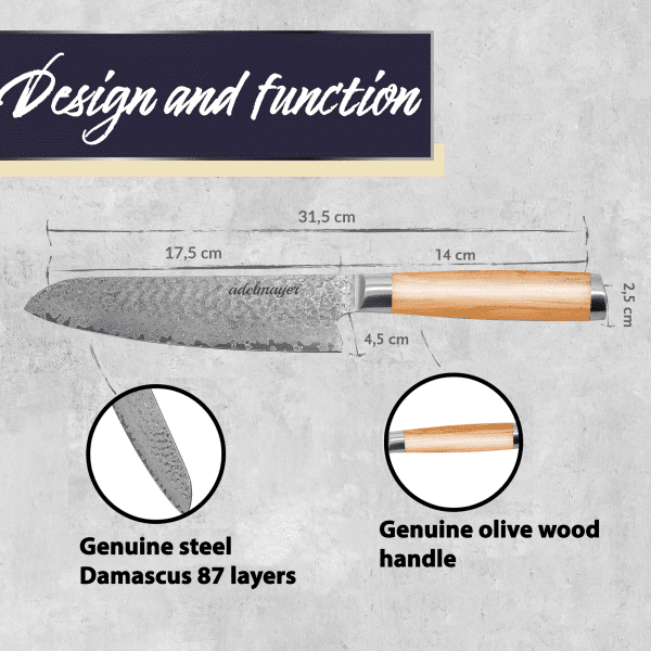 Damascus steel knife with olive wood handle.