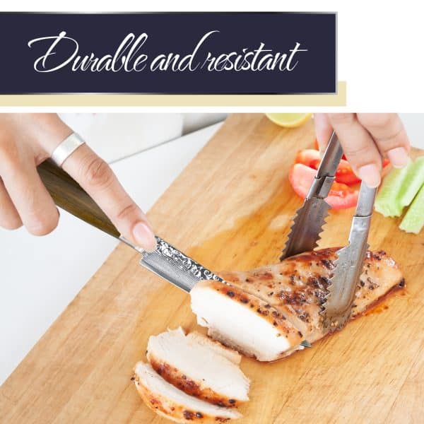 Slicing chicken breast with ornate knife.