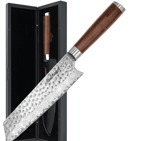 Damascus knife with wooden handle in gift box.