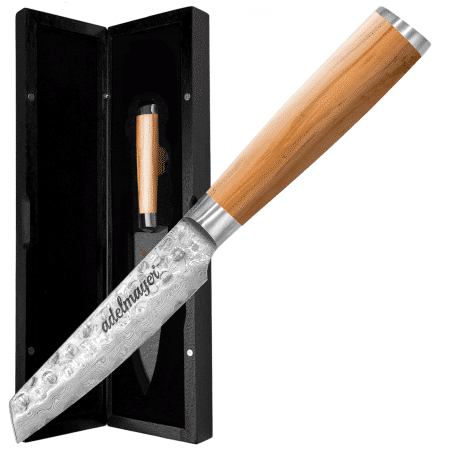 Damascus knife with wooden handle and presentation box.