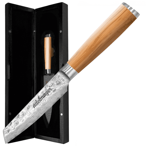 Damascus knife with wooden handle and presentation box.