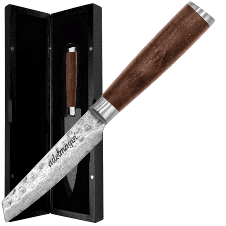 Damascus knife with wooden handle and gift box.