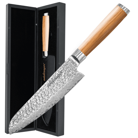 Damascus knife with wooden handle in gift box.