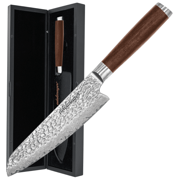 Damascus knife with wooden handle and box