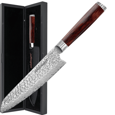 Damascus knife with wooden handle and box.