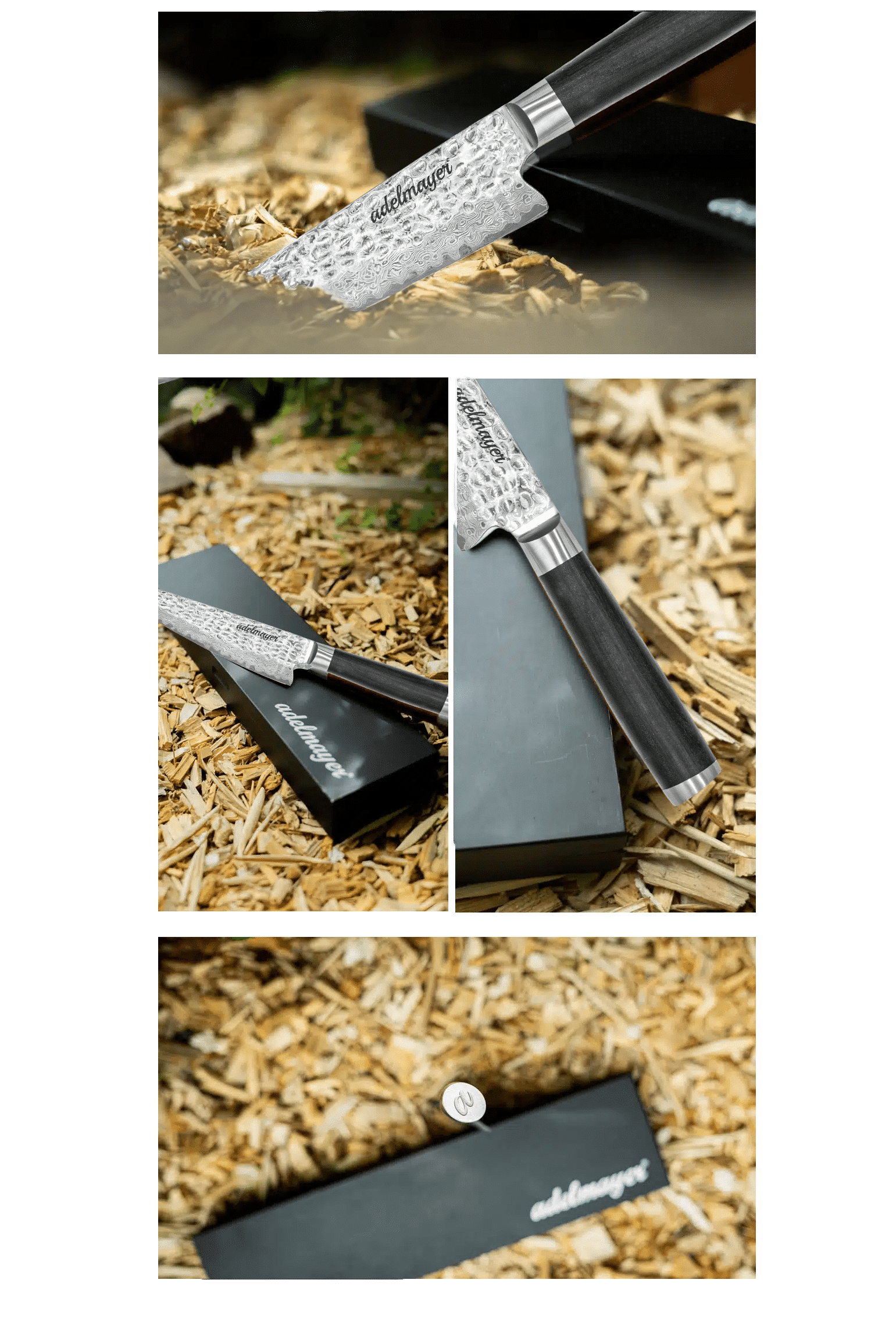 Damascus knife with wooden handle and packaging.