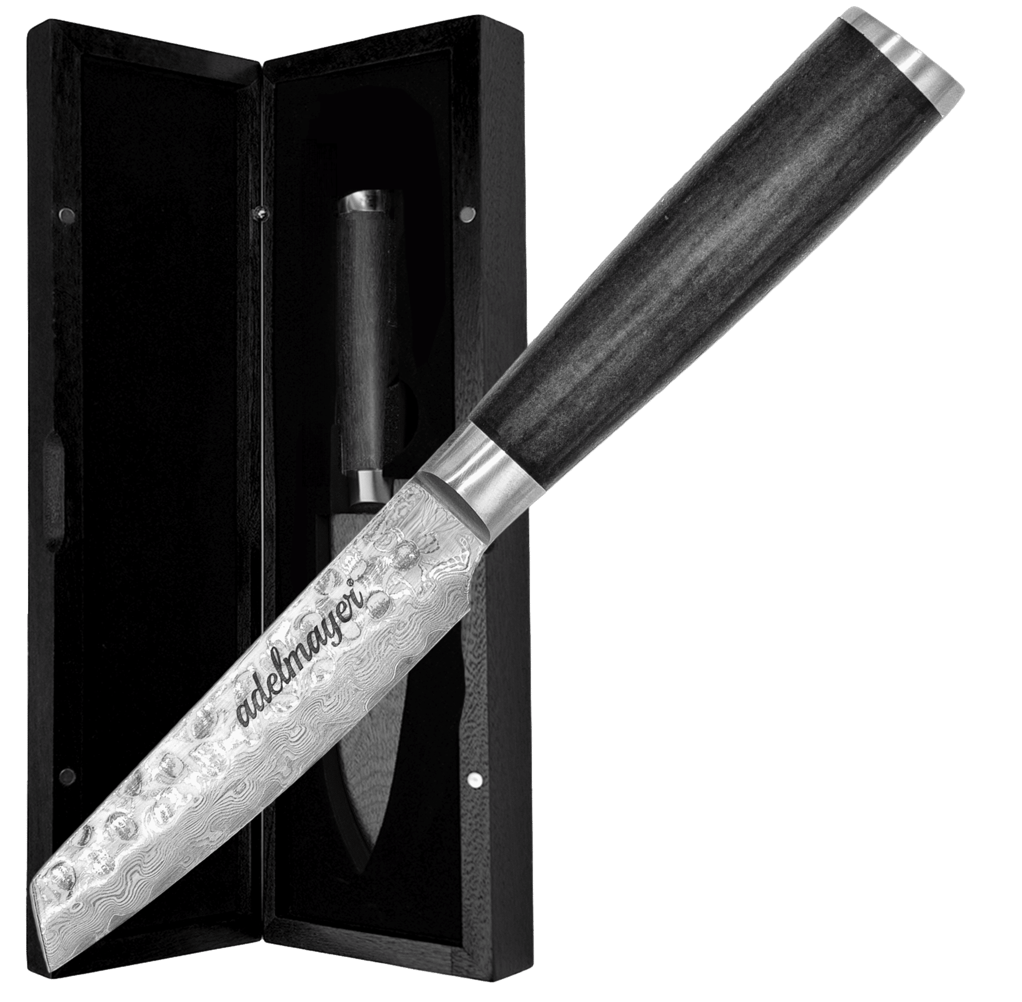 Damascus knife with handle and wooden case.