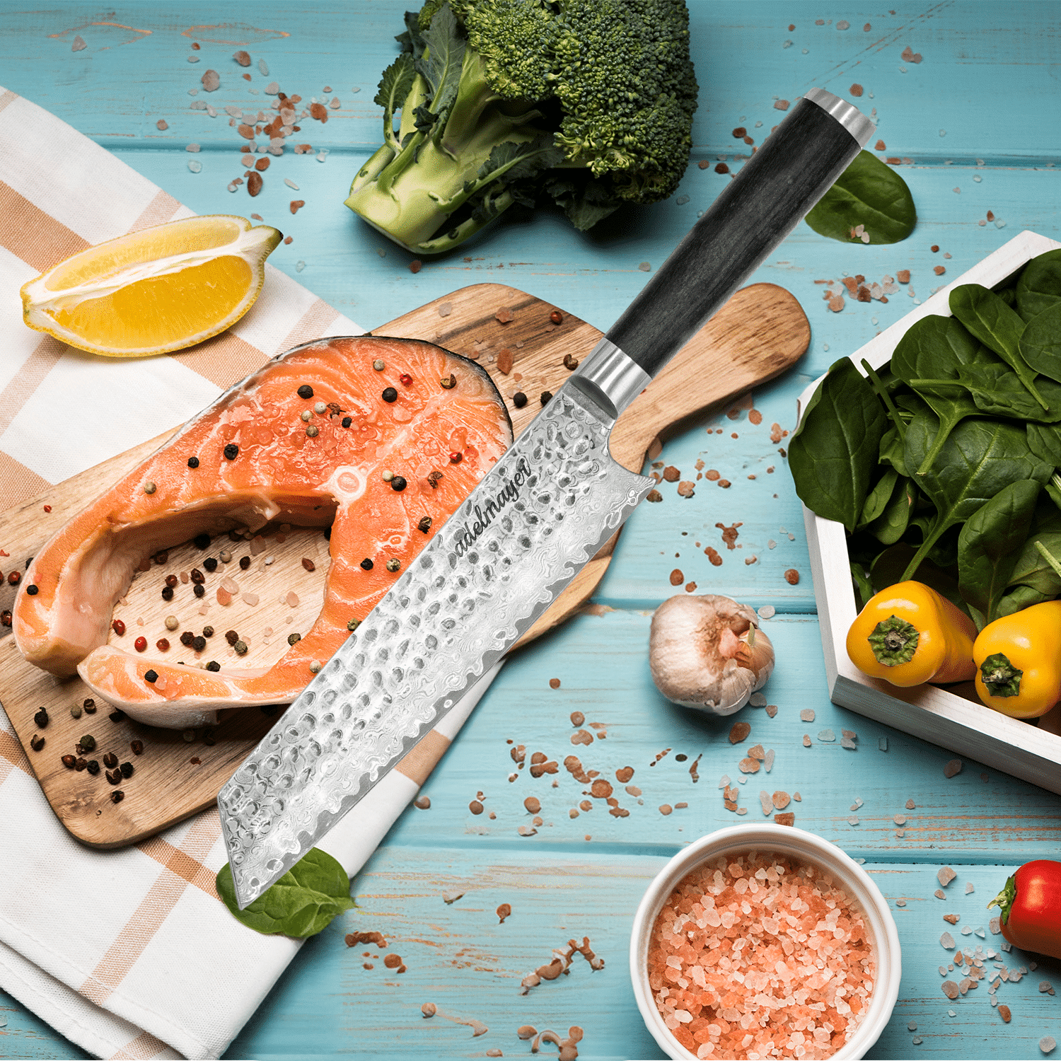 21cm kiristsuke (3) Fresh salmon and healthy ingredients on a wooden board.