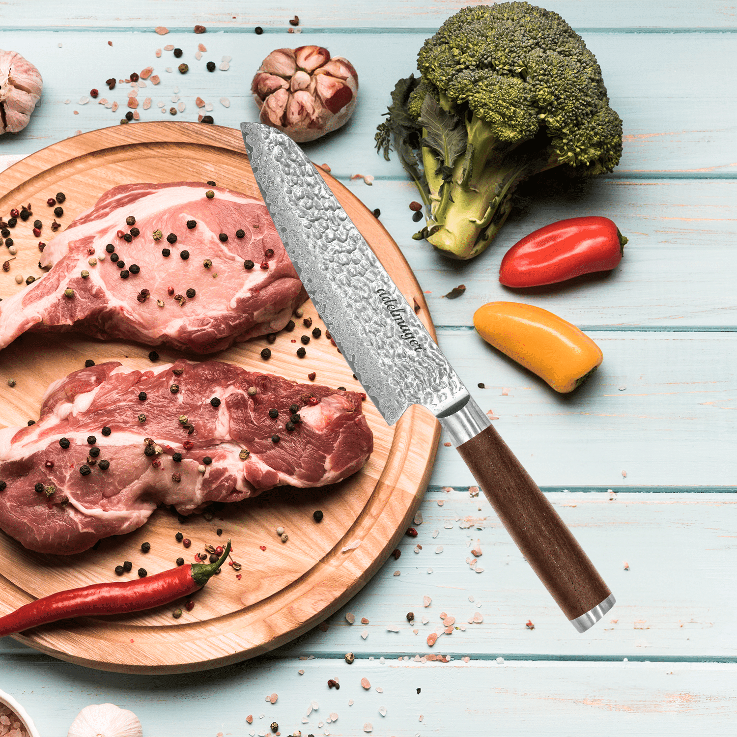 Raw pork and vegetables on a board.