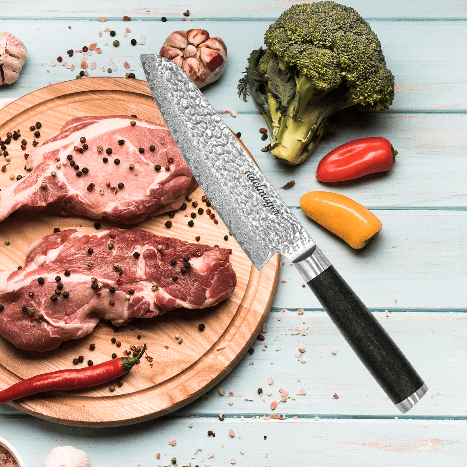 Meat, vegetables and knives on a wooden board.