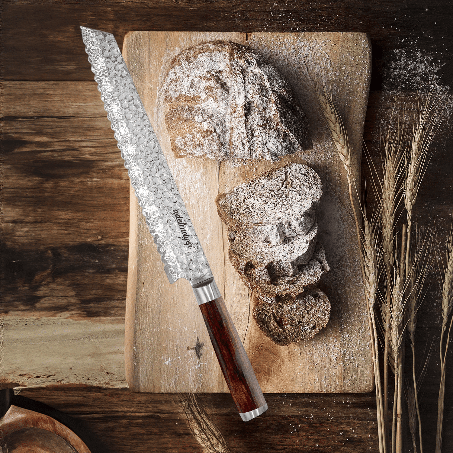 Fresh bread with knife on wooden board.