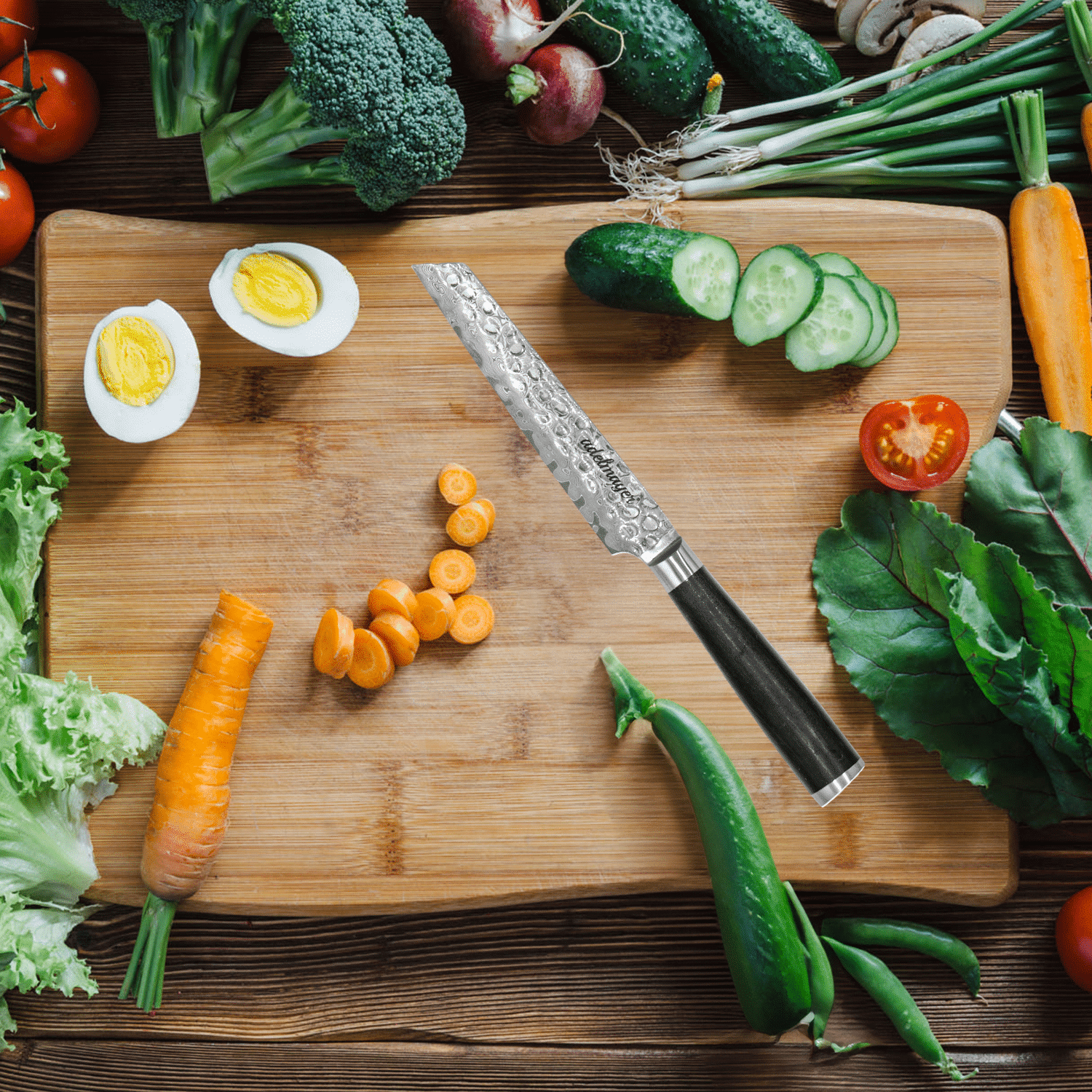 Fresh vegetables on cutting board with knife.