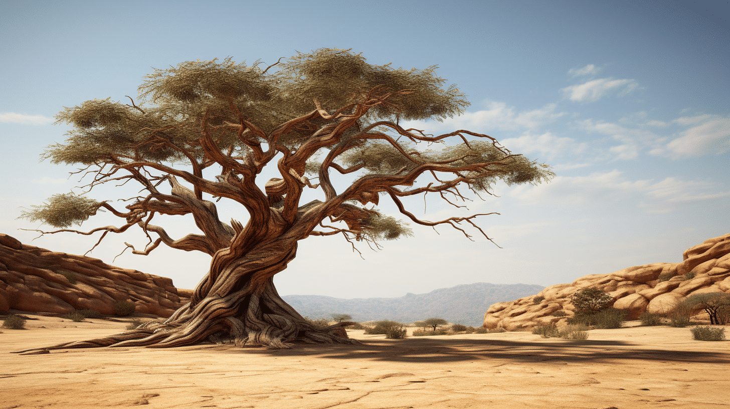 Alter Baum in trockener Wüstenlandschaft.