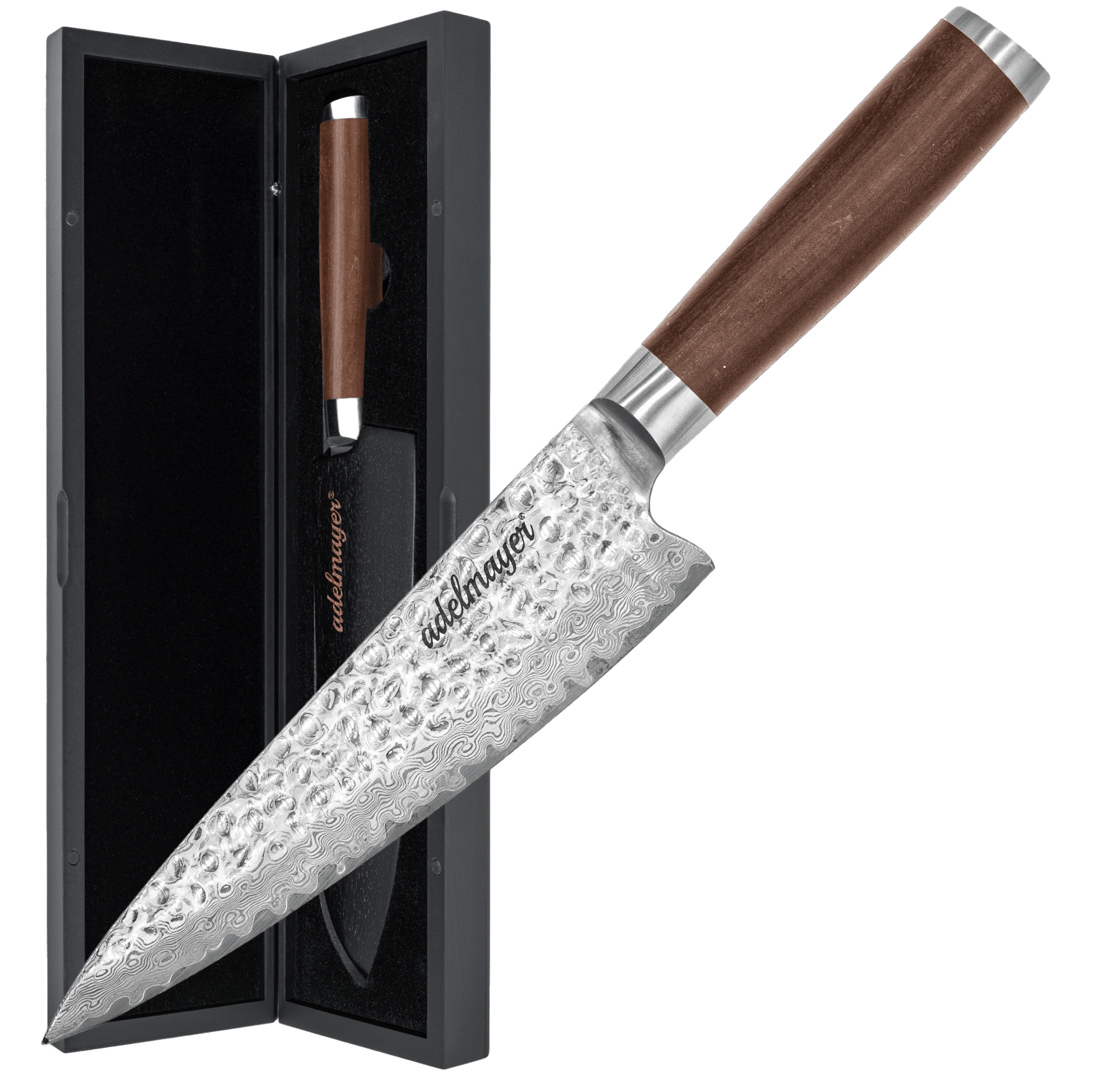 Damascus knife with wooden handle in gift box.