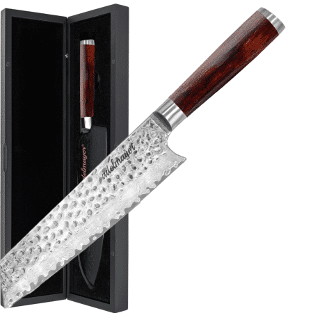 Damascus knife with wooden handle in gift box.