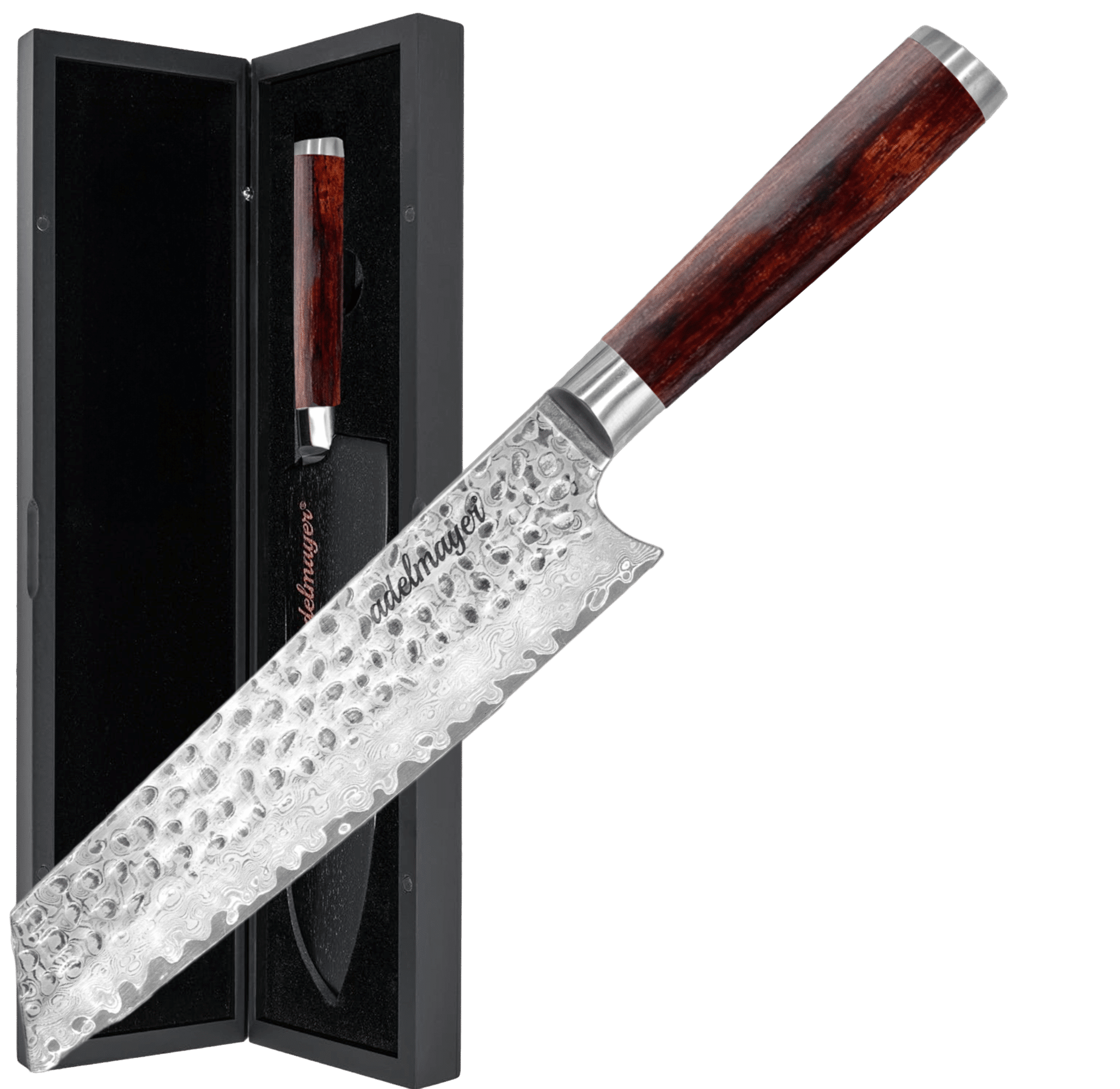 Damascus knife with wooden handle in presentation box