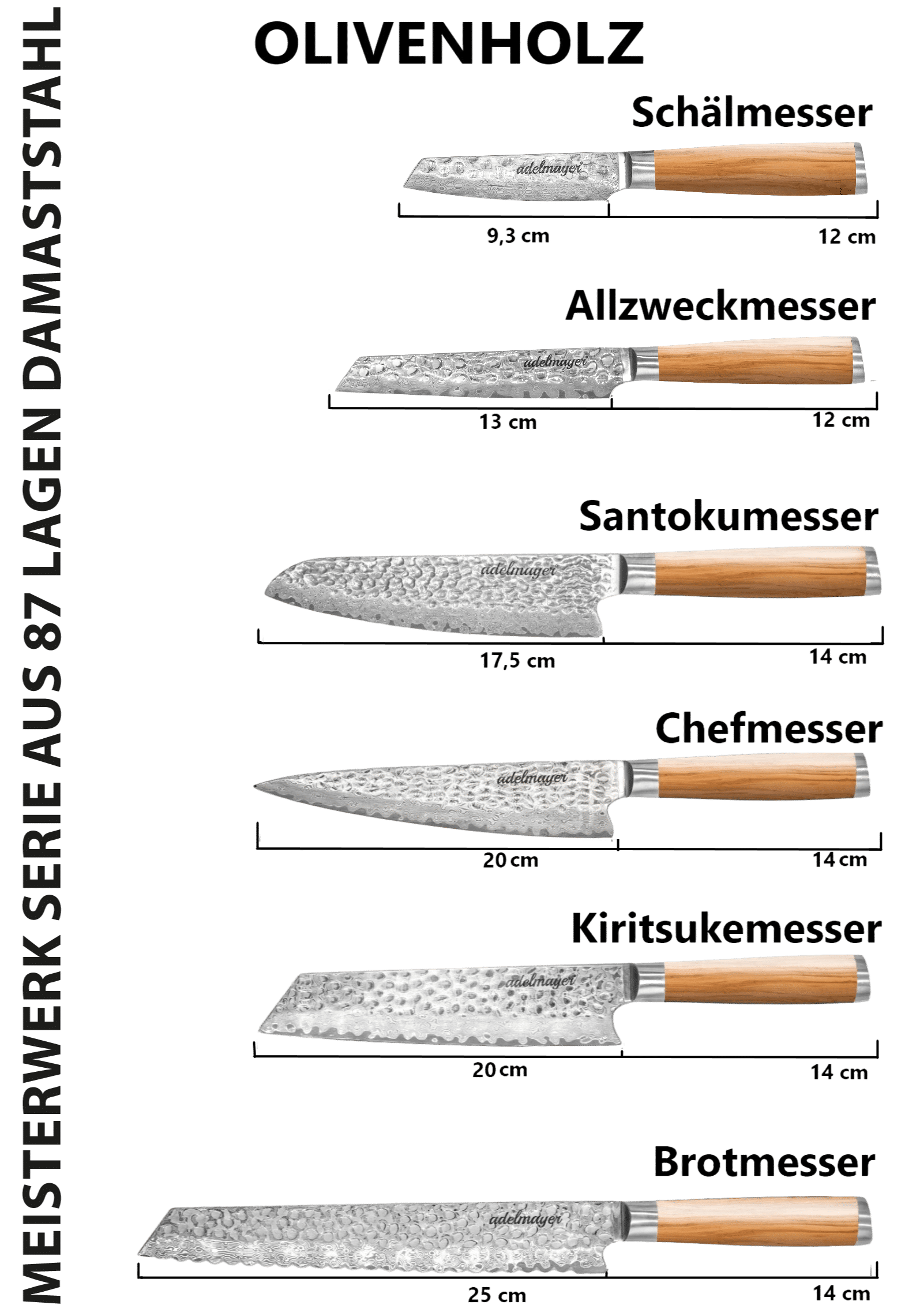 Various kitchen knives with olive wood handle.