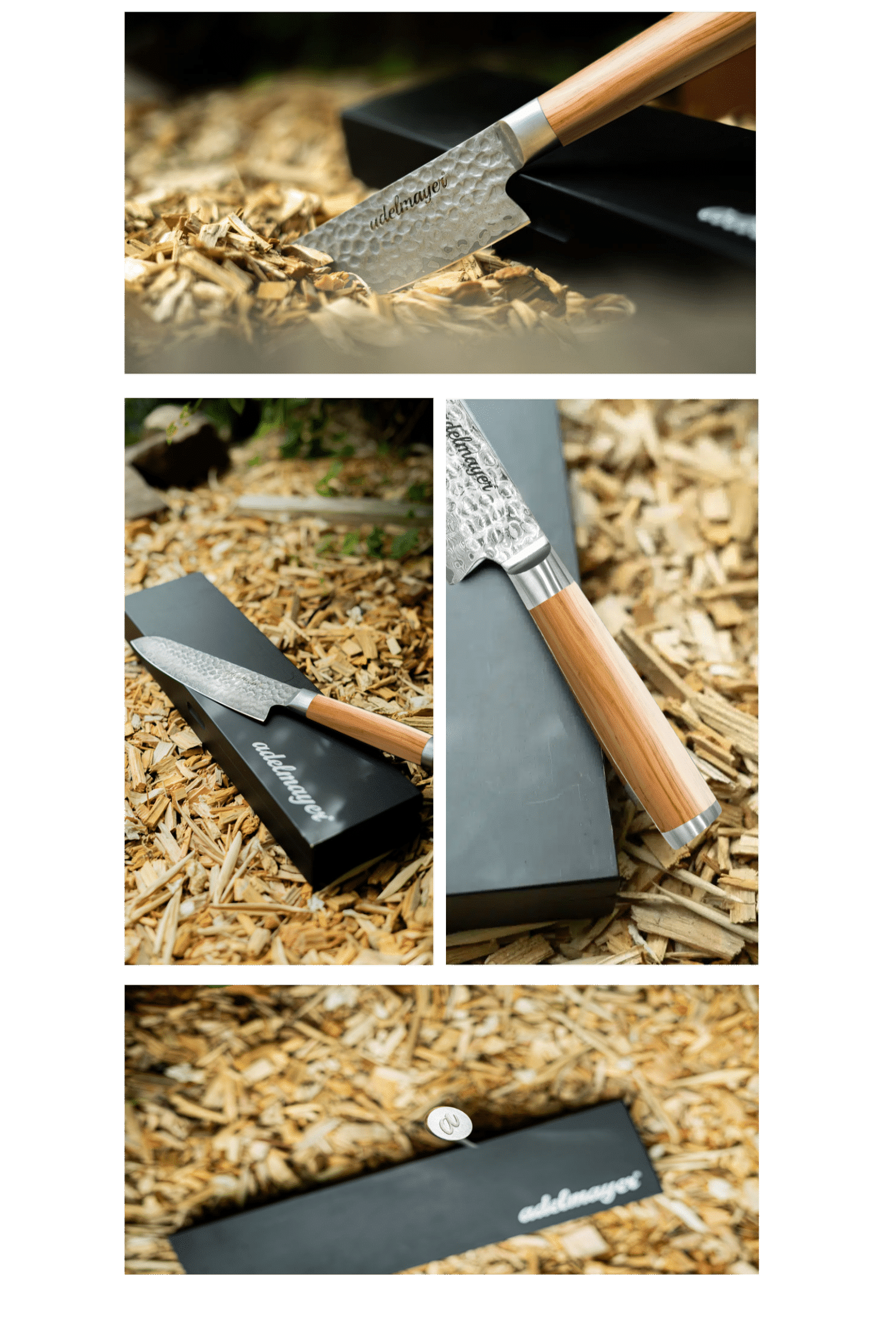 Damascus knife with wooden handle and packaging.