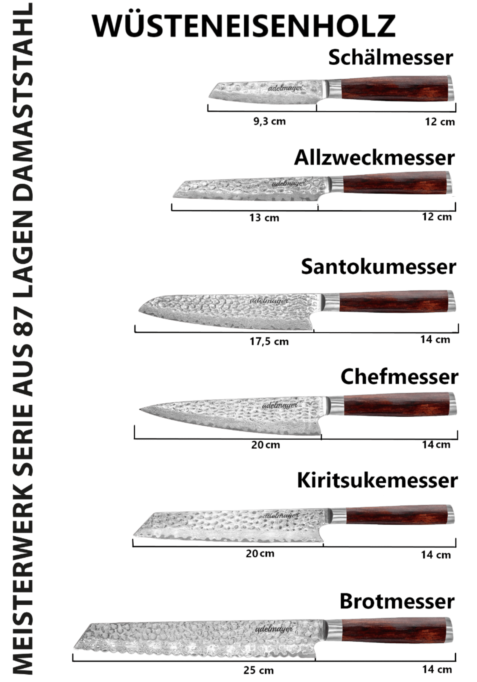 Diverse Damascus messen met handvatten.