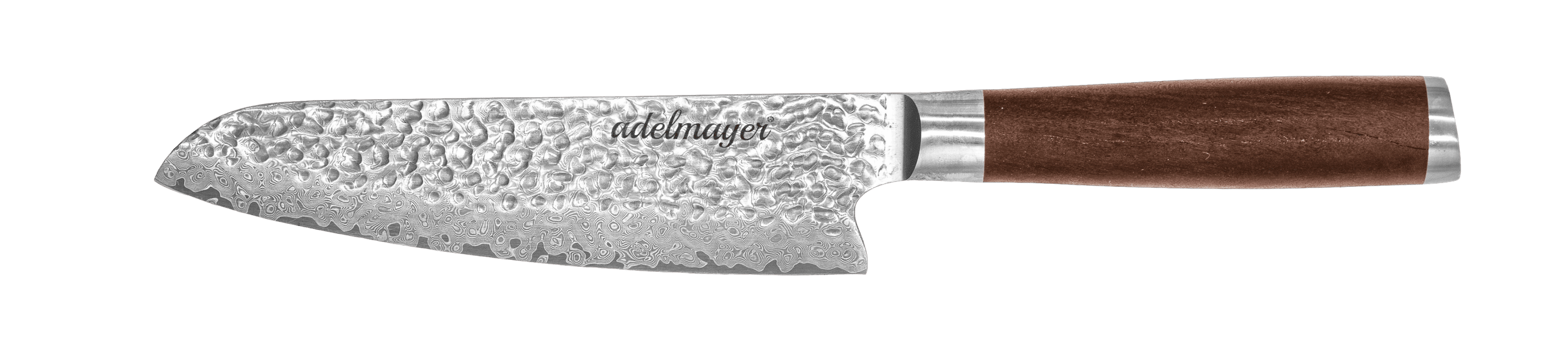 santoku pixian ai Damascus knife with wooden handle on a black background.