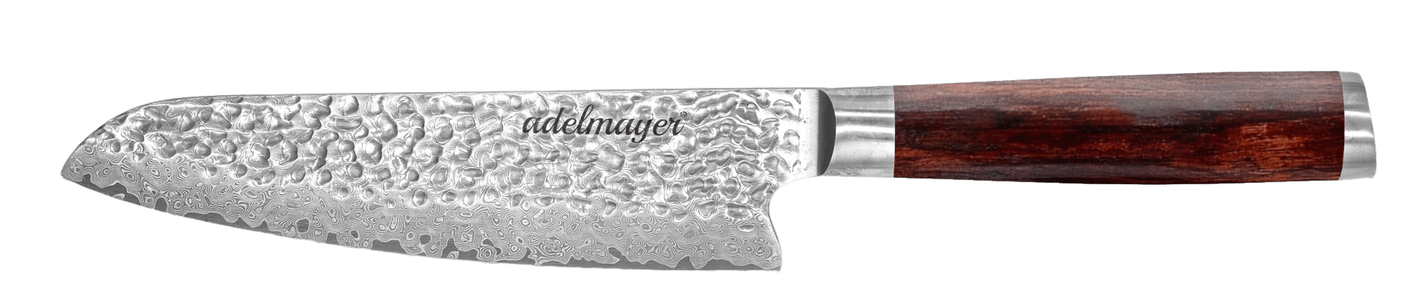 Damascus knife with wooden handle and brand logo.