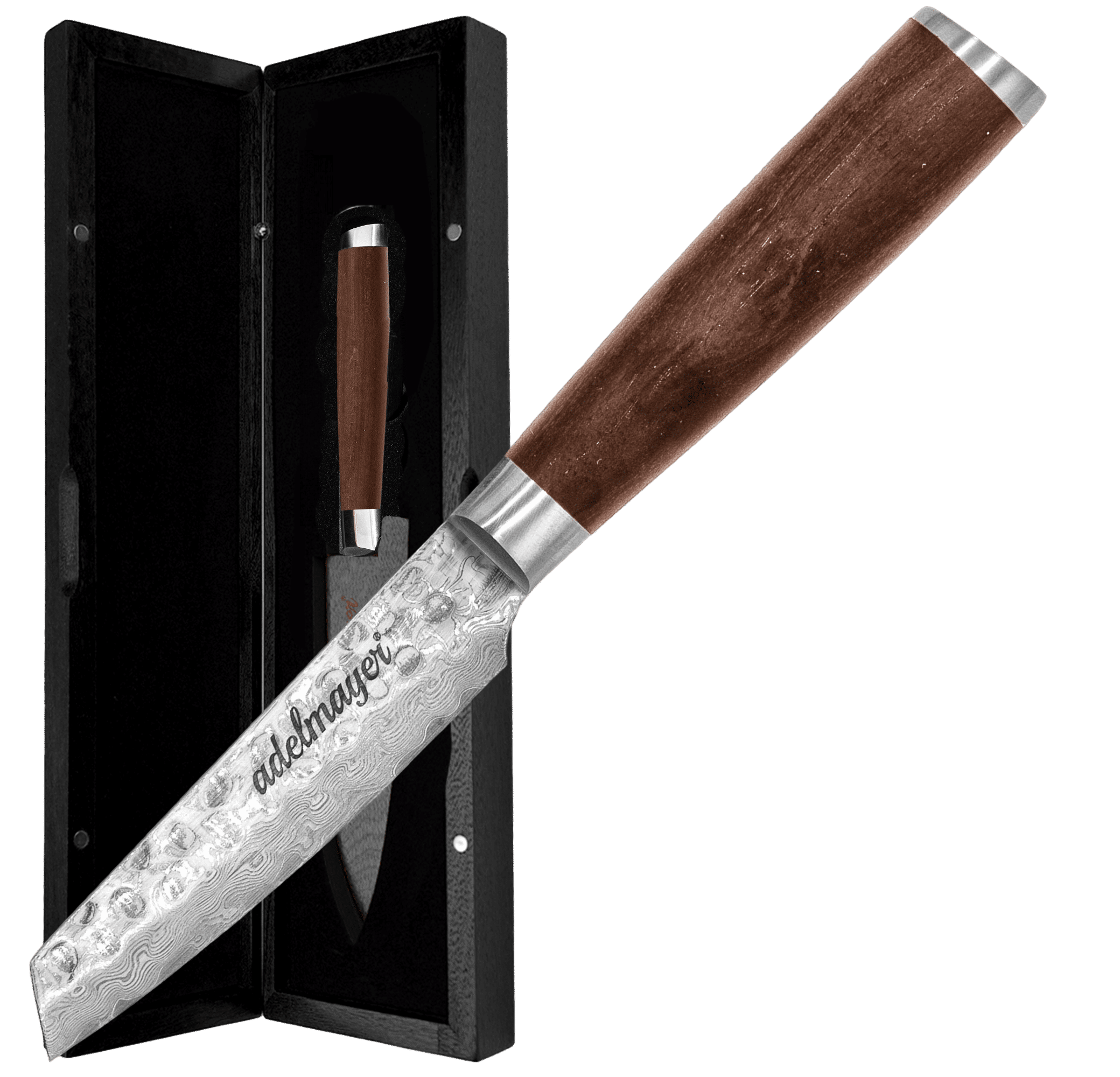 Damascus knife with wooden handle in gift box.