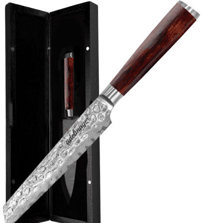 Decorated knife with wooden handle and case.