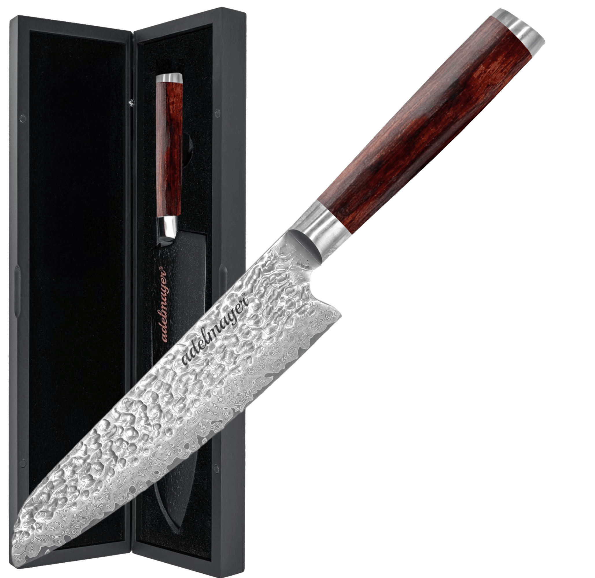 Damascus mes met houten handvat in presentatiedoos.