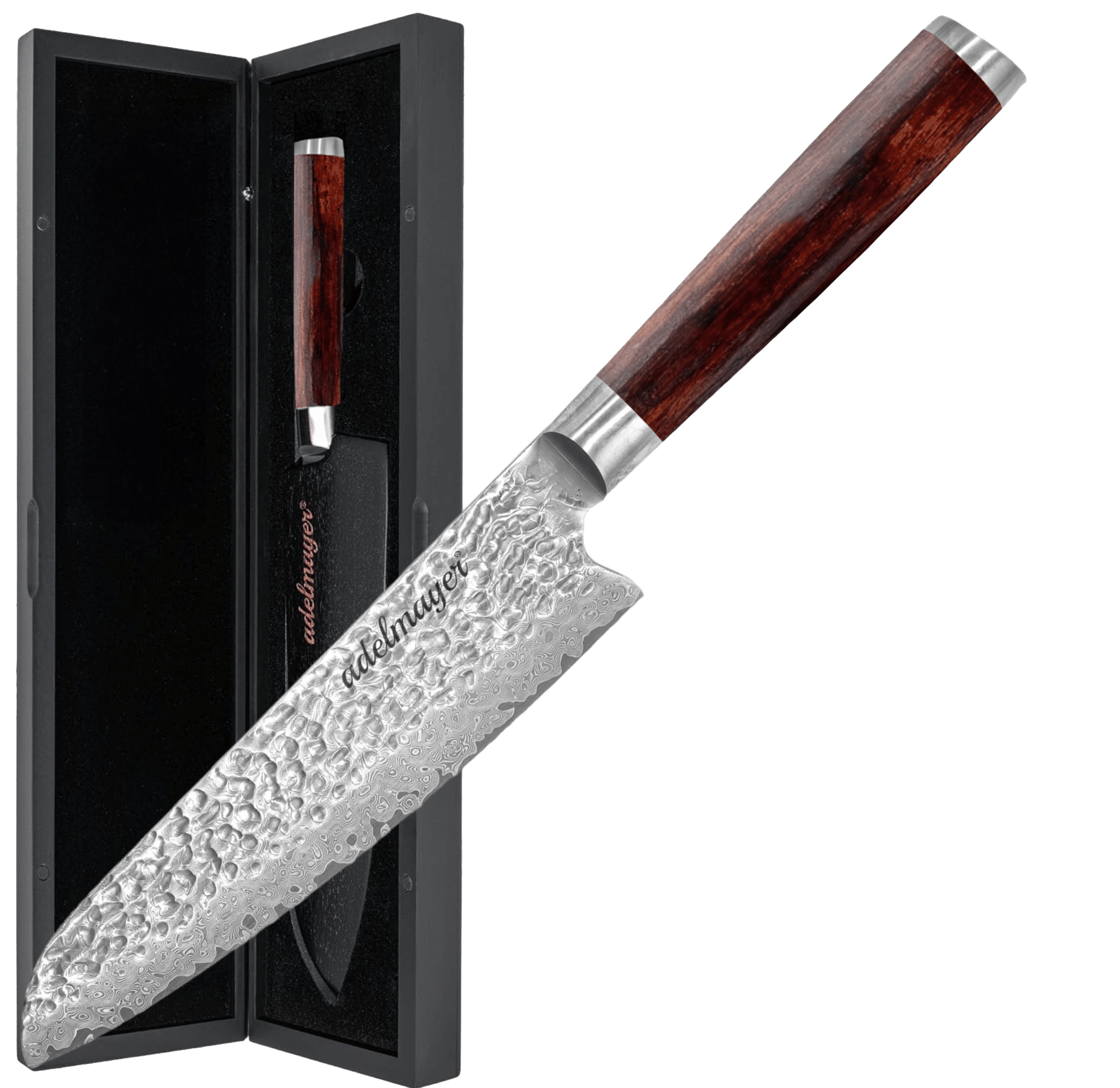 Damascus knife with wooden handle in presentation box.