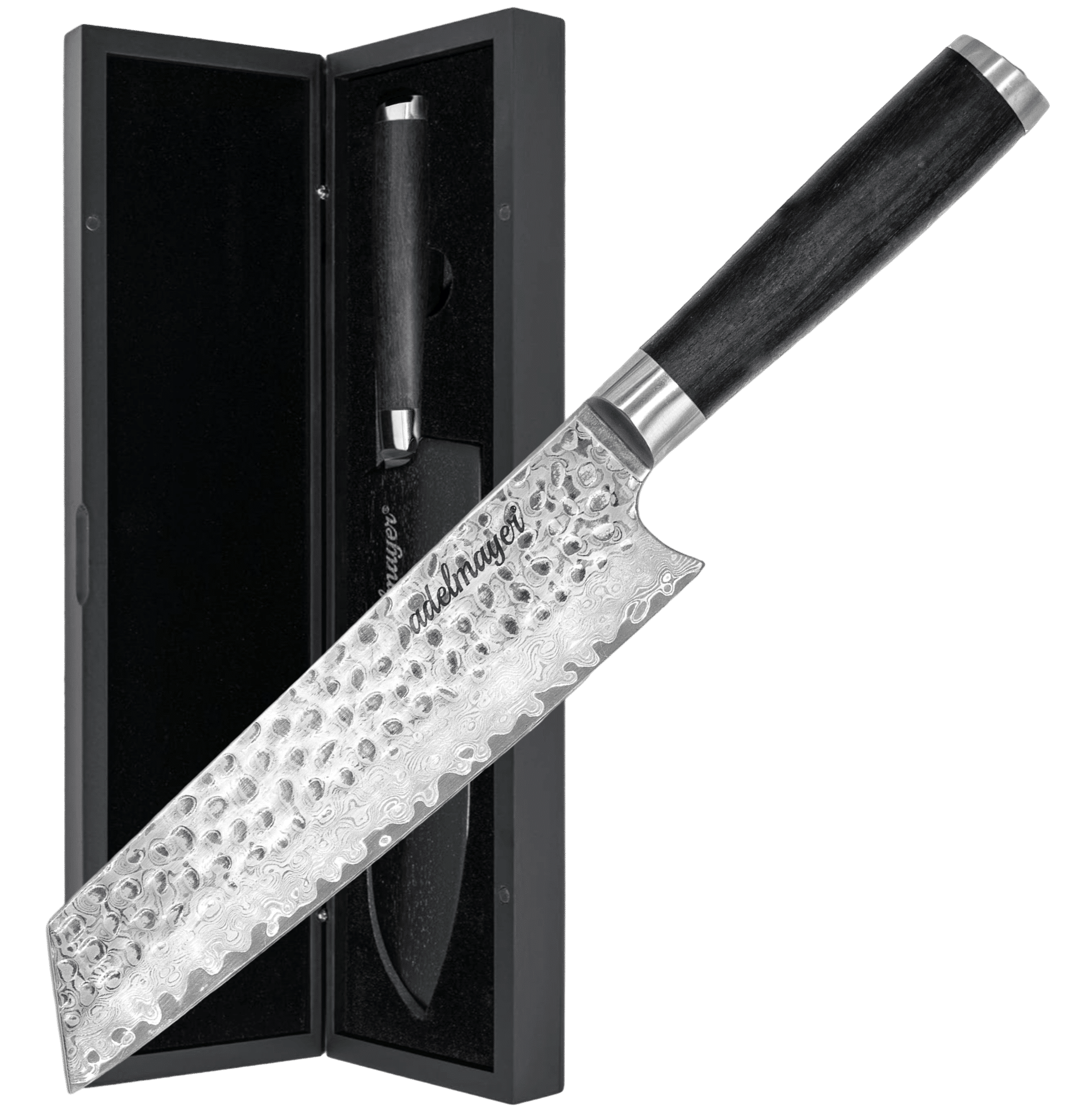Damascus chef&apos;s knife with handle in gift box.