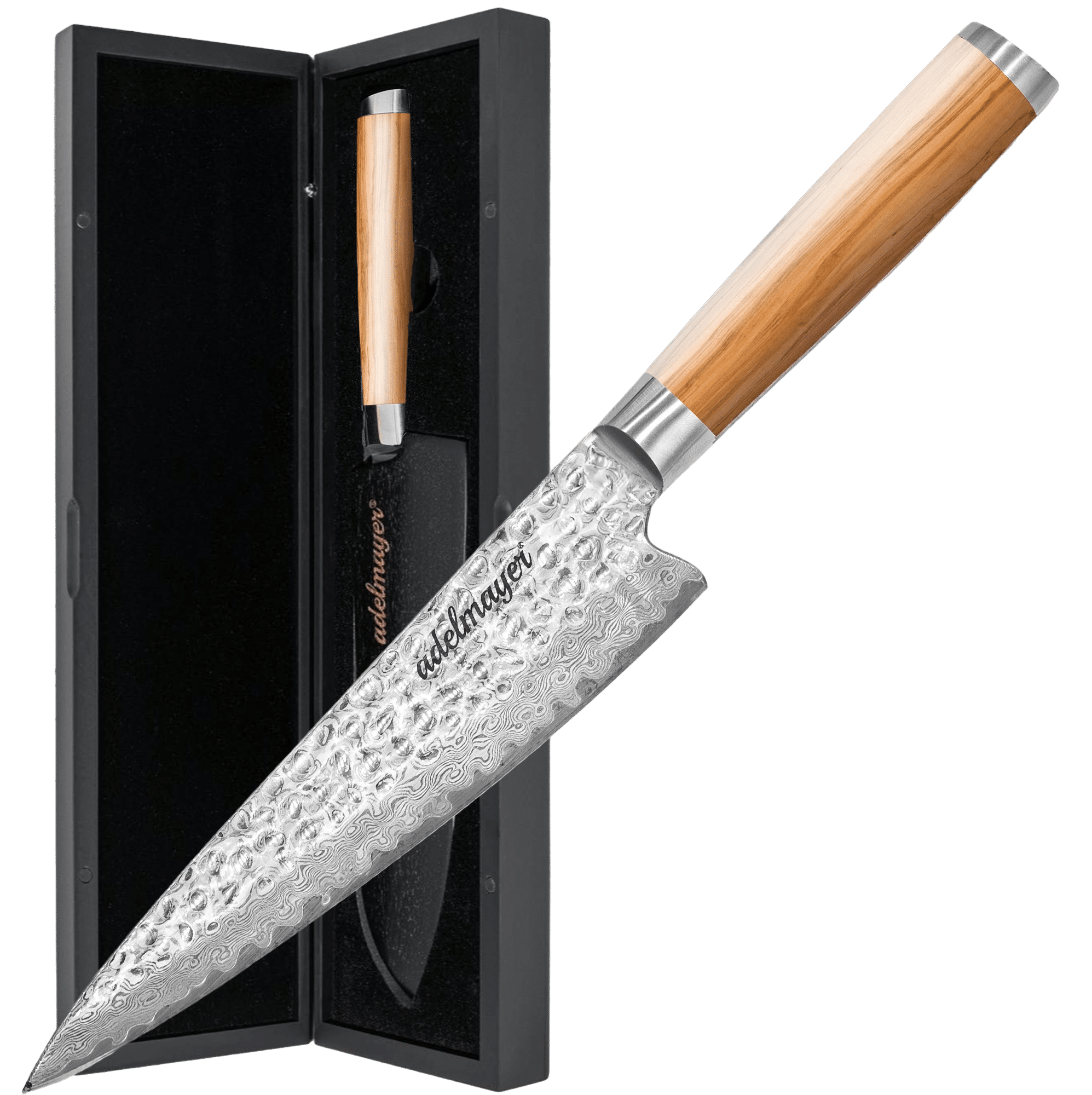 Damascus knife with wooden handle in box.