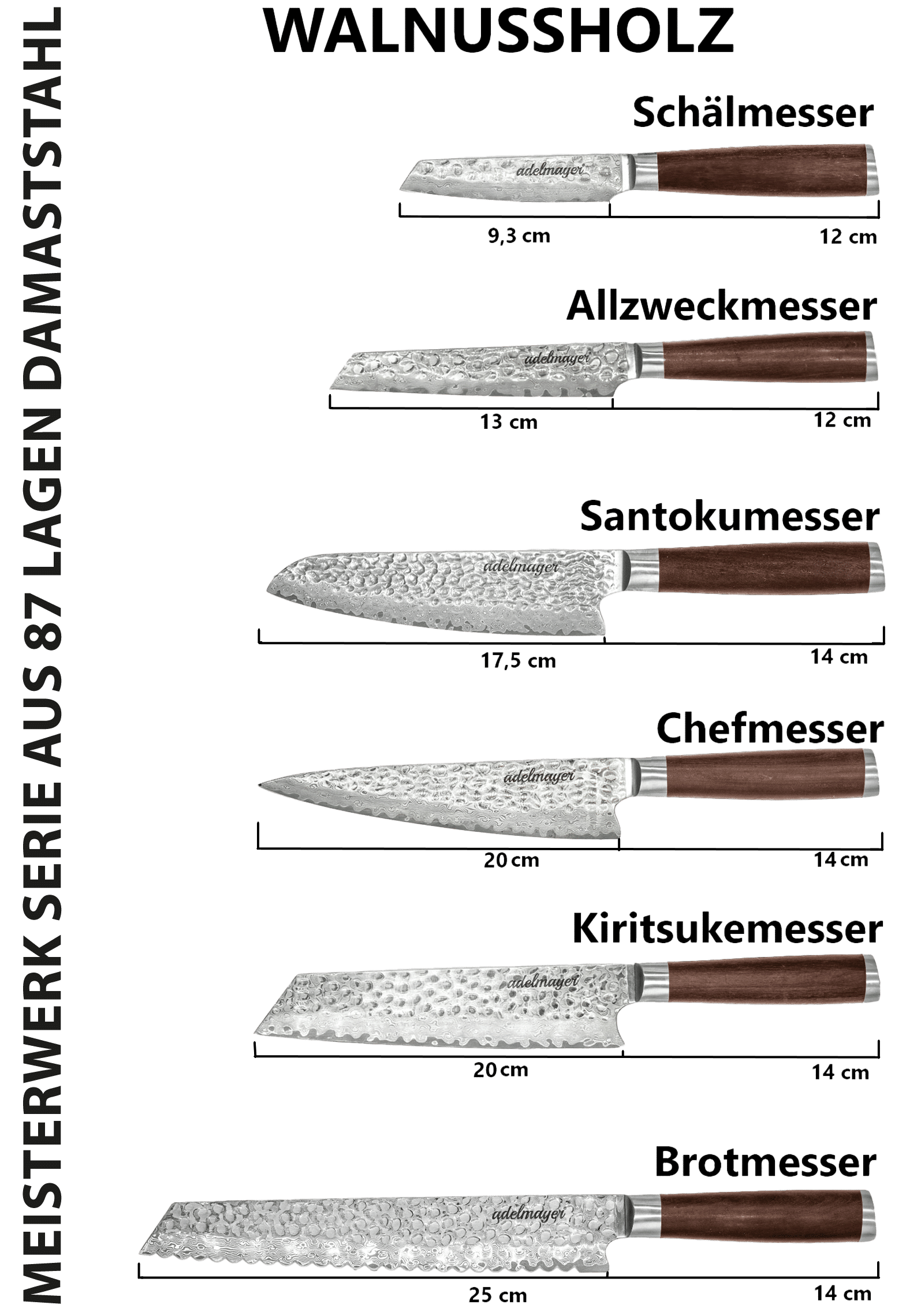 Verschiedene Damastmesser mit Holzgriffen