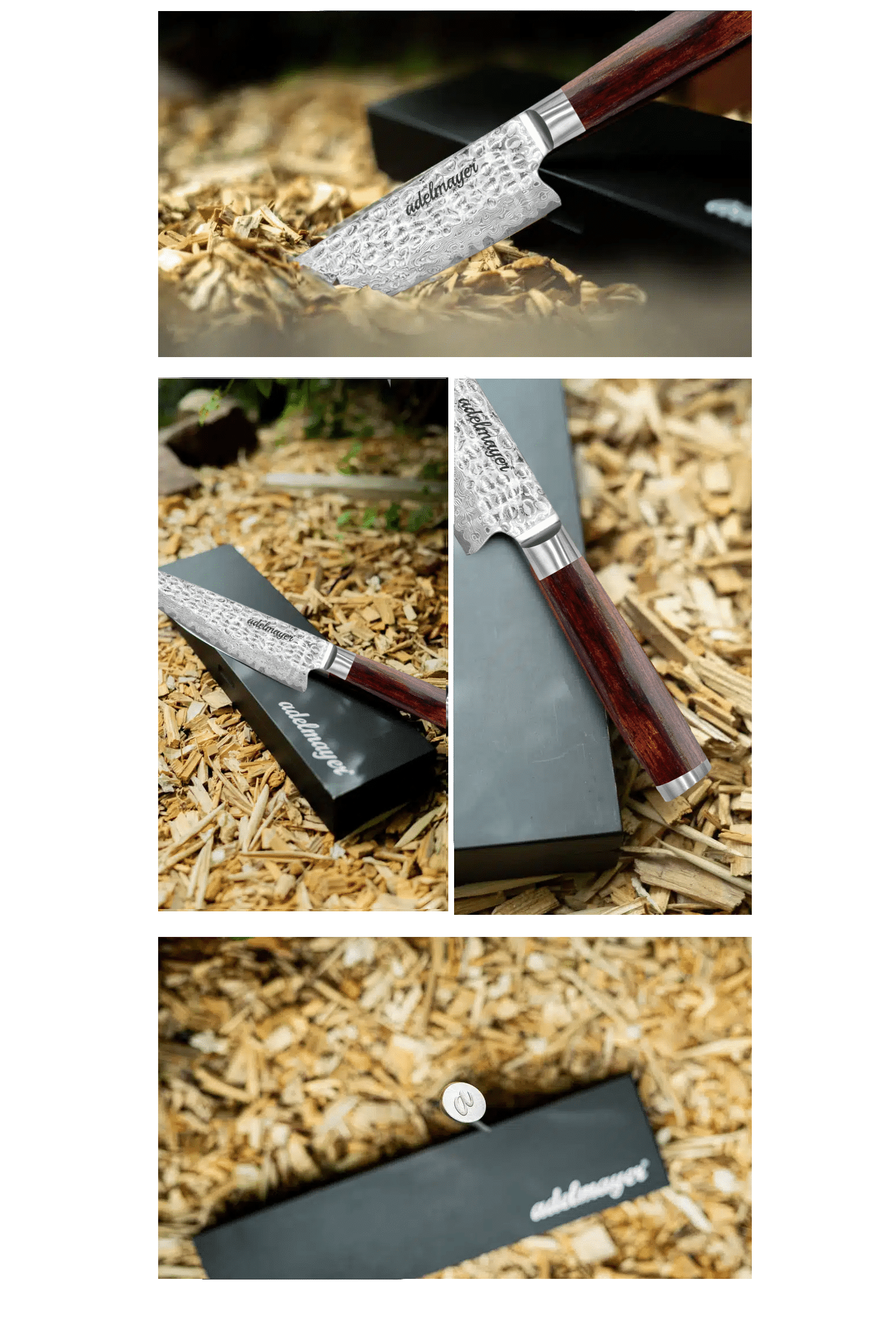 Damascus knife with wooden handle and packaging.