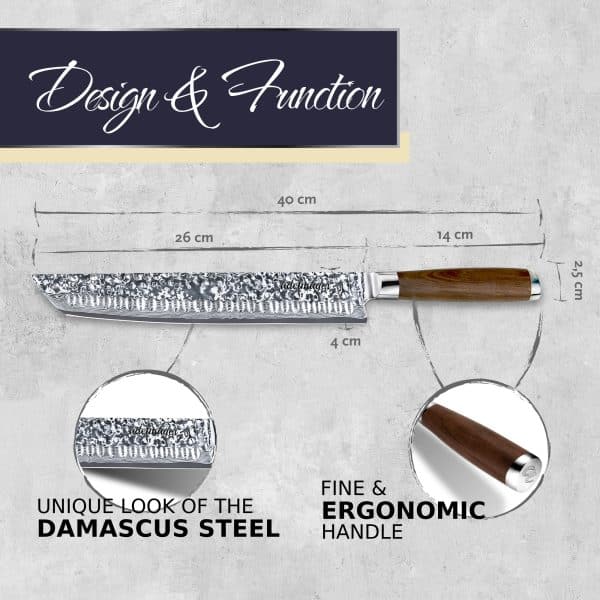 Elegant Damascus steel kitchen knife with wooden handle.