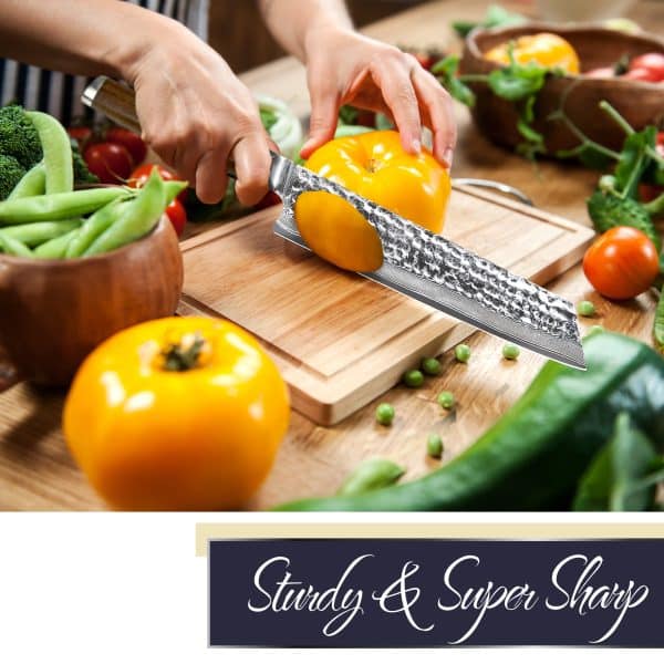 Person slicing yellow bell pepper, chef knife.