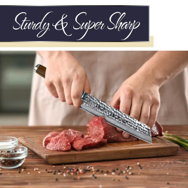 Person slicing meat with sharp kitchen knife.