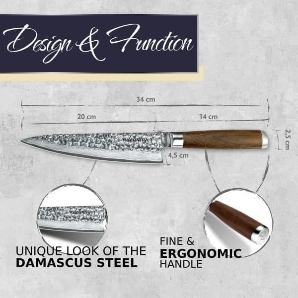Elegant Damascus steel chef's knife with dimensions.