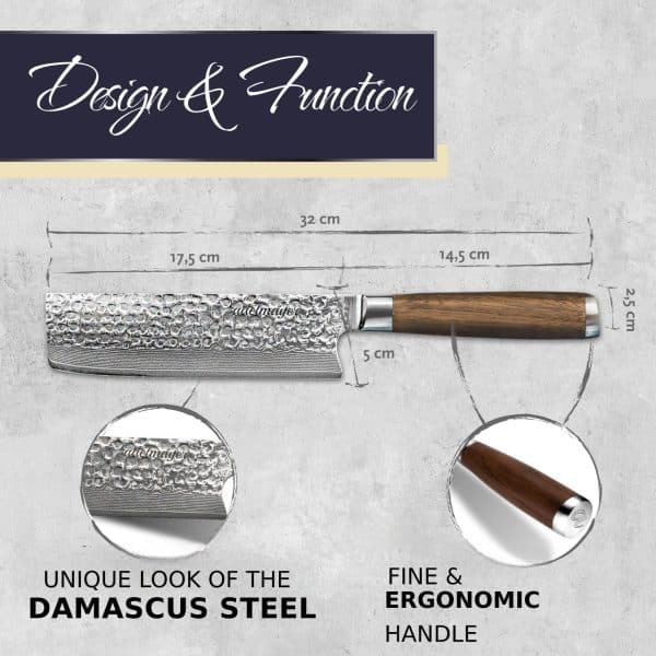 Elegant Damascus steel kitchen knife design.