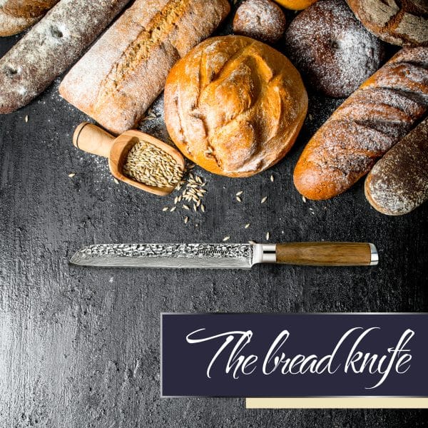 Variety of bread with decorative knife and grains.