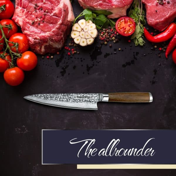 Chef's knife with raw meat and vegetables.